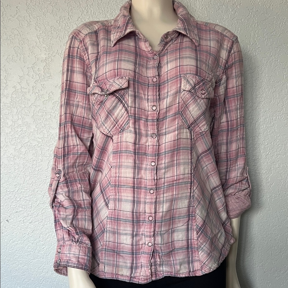 Style & Co Pink Plaid Pearl Snap Shirt Large Fits S/M Roll Tab Western Cute